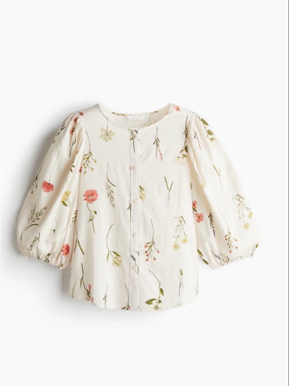 H&M White Linen Blend Floral Button-Front Puff Sleeve Blouse